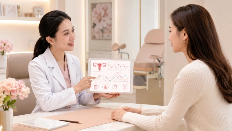 月經異常與調經 4 醫師以平板上的子宮圖示向女性說明月經狀況