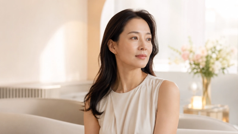 女性在明亮空間中放鬆休息的情境示意圖
