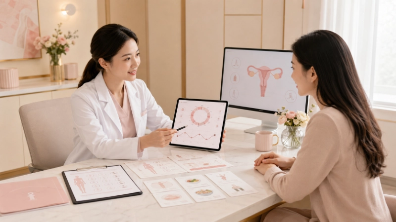 月經異常與調經 6 醫師在診間以電腦與平板圖示說明婦科檢查