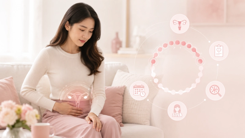 月經異常與調經 5 女性手扶下腹部,周圍為月經週期圖示