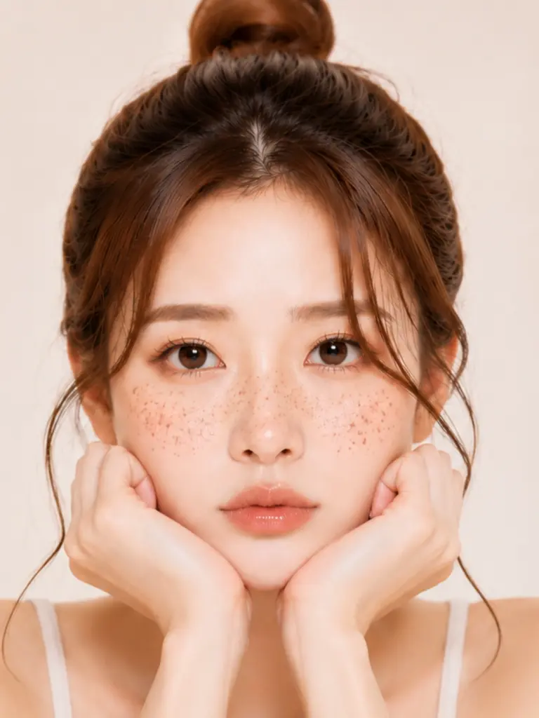 臉上有雀斑的女性雙手托腮