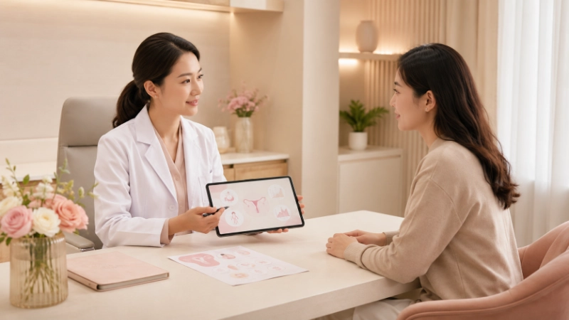婦科健檢 3 醫師以平板向女性說明婦科健檢項目