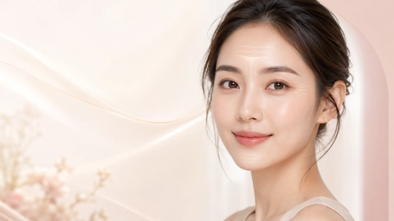 年輕女性正面微笑肖像，背景為柔和光線與花卉