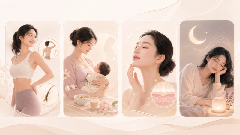 女性營養處方 6 四格插畫:運動女性、哺乳媽媽、臉部保養與夜晚疲倦的女性