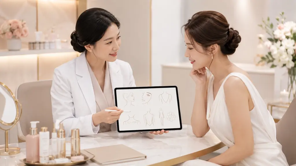 婚前保養 3 女醫師以平板上的身體線稿,向穿白洋裝的女性說明婚前保養規劃