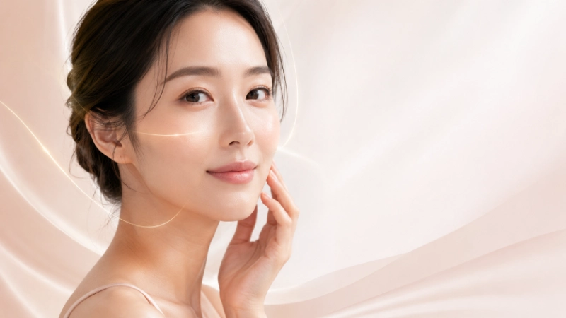 女性輕觸下巴微笑，臉部有柔和光線掠過