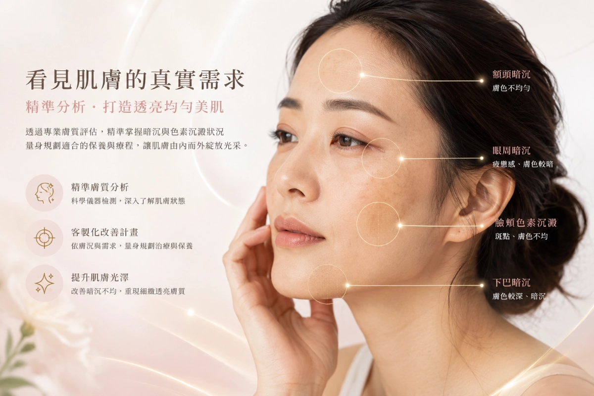 膚況分析圖文，女性臉部標示額頭、眼周、臉頰與下巴暗沉位置