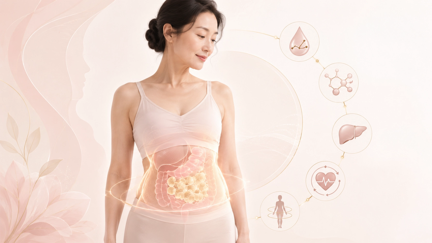 更年期肥胖 4 中年女性腹部透視脂肪示意,周圍有肝臟、心臟與分子圖示
