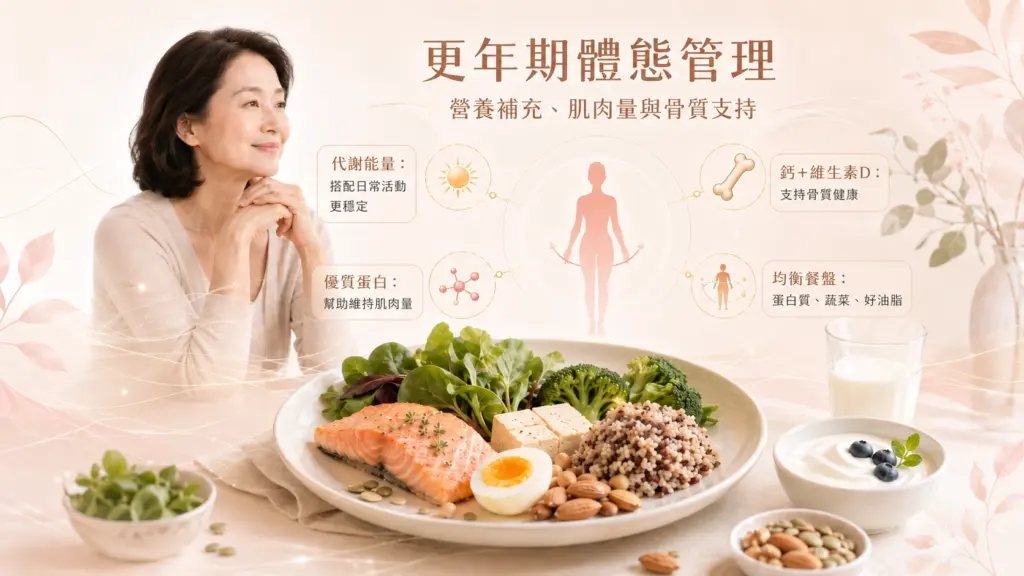 更年期肥胖 5 更年期體態管理圖文,中年女性與鮭魚、蛋、藜麥、優格餐盤