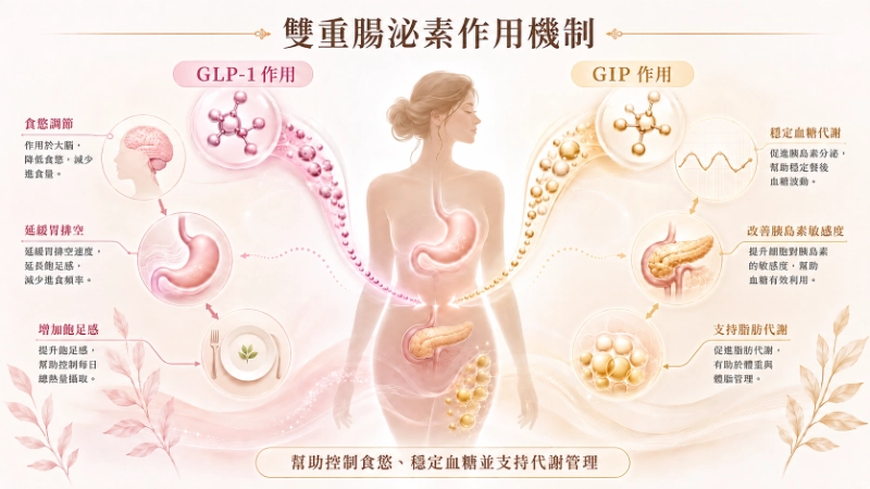 減重門診 4 雙重腸泌素作用機制圖,標示 GLP-1 與 GIP 對胃、胰臟與脂肪的作用