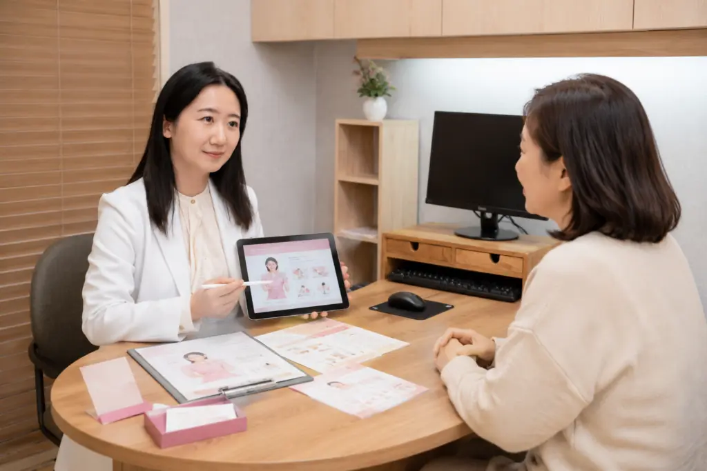 HPV癌症疫苗/皰疹預防疫苗(欣剋疹) 6 女醫師以平板與衛教單張向女性說明皰疹照護