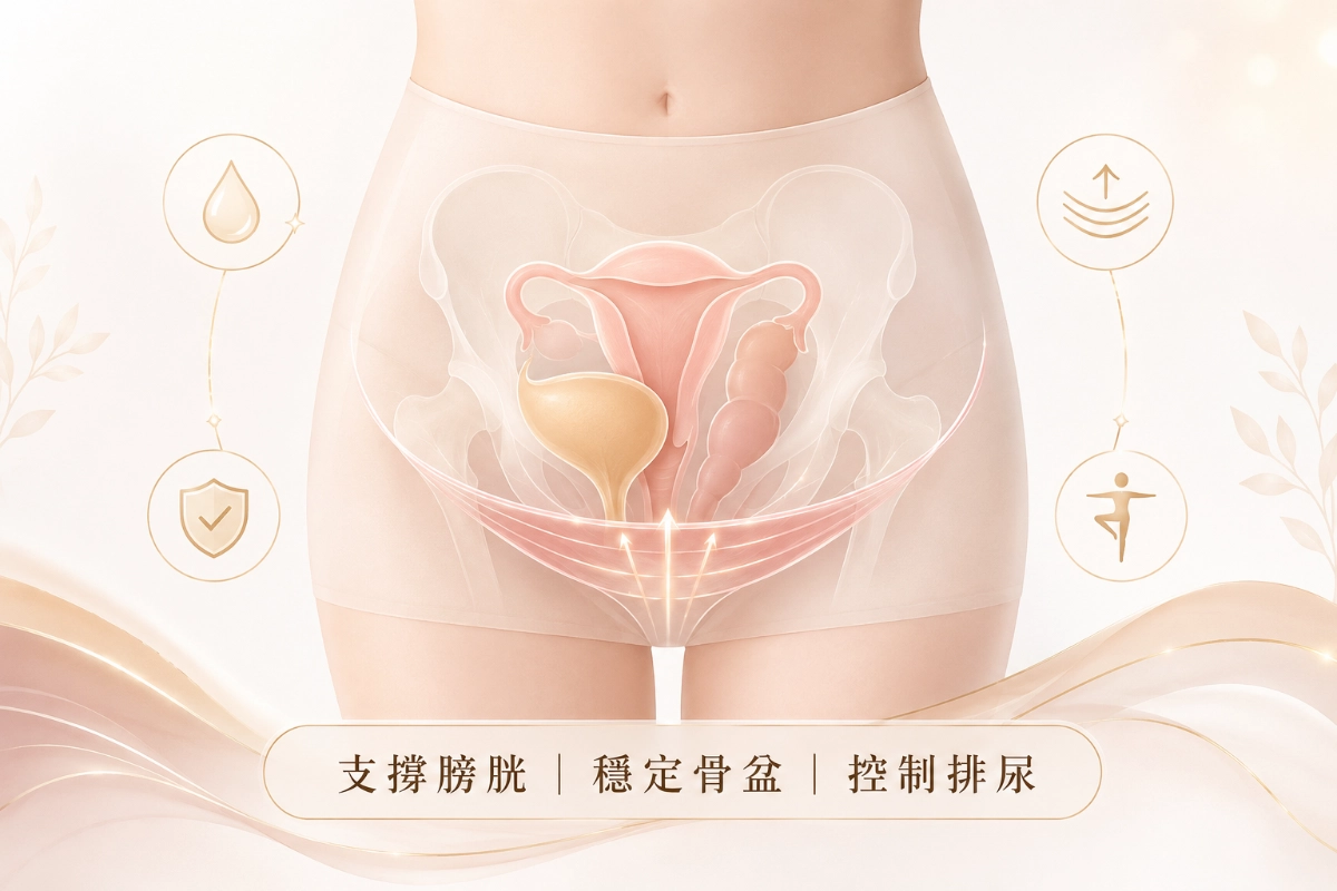 骨盆底肌示意：子宮、膀胱與骨盆底肌位置，標示支撐膀胱、穩定骨盆與控制排尿