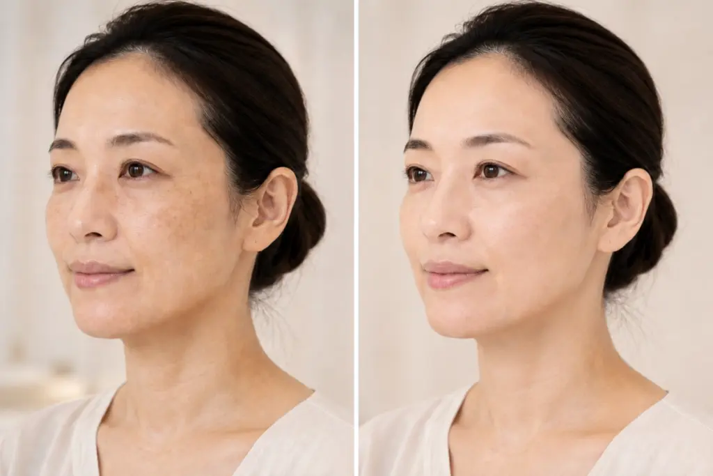美白療程前後膚況對照示意，同一位女性側臉左右並列