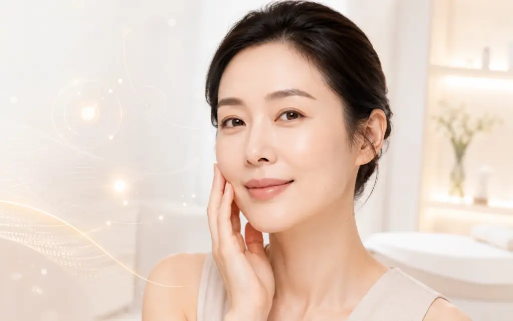 女性輕觸臉頰的美白淨膚主視覺，背景為柔光診間