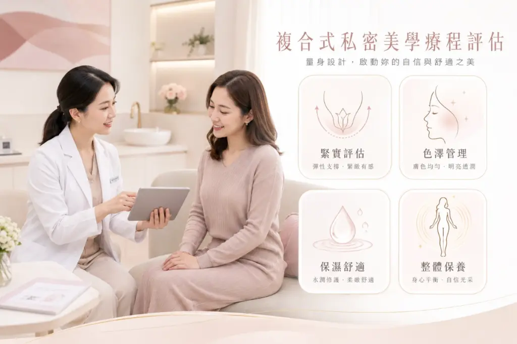 私密處緊實 3 複合式私密美學療程評估:醫師以平板與女性諮詢,列出緊實、色澤、保濕與整體保養