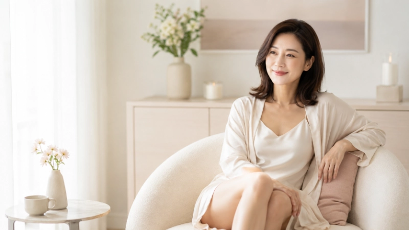 穿米白睡袍的女性放鬆坐在圓弧沙發上微笑