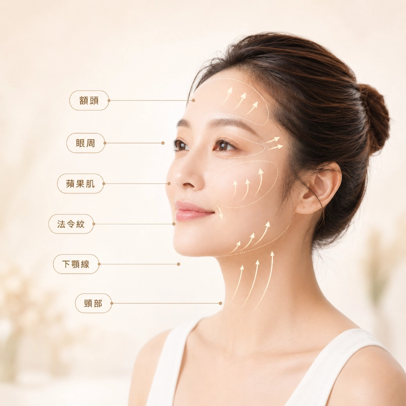 女性側臉標示額頭、眼周、蘋果肌、法令紋、下顎線與頸部