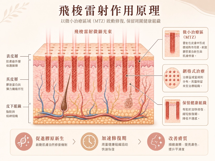 飛梭雷射作用原理圖，肌膚剖面呈現微小治療區域與網格式治療