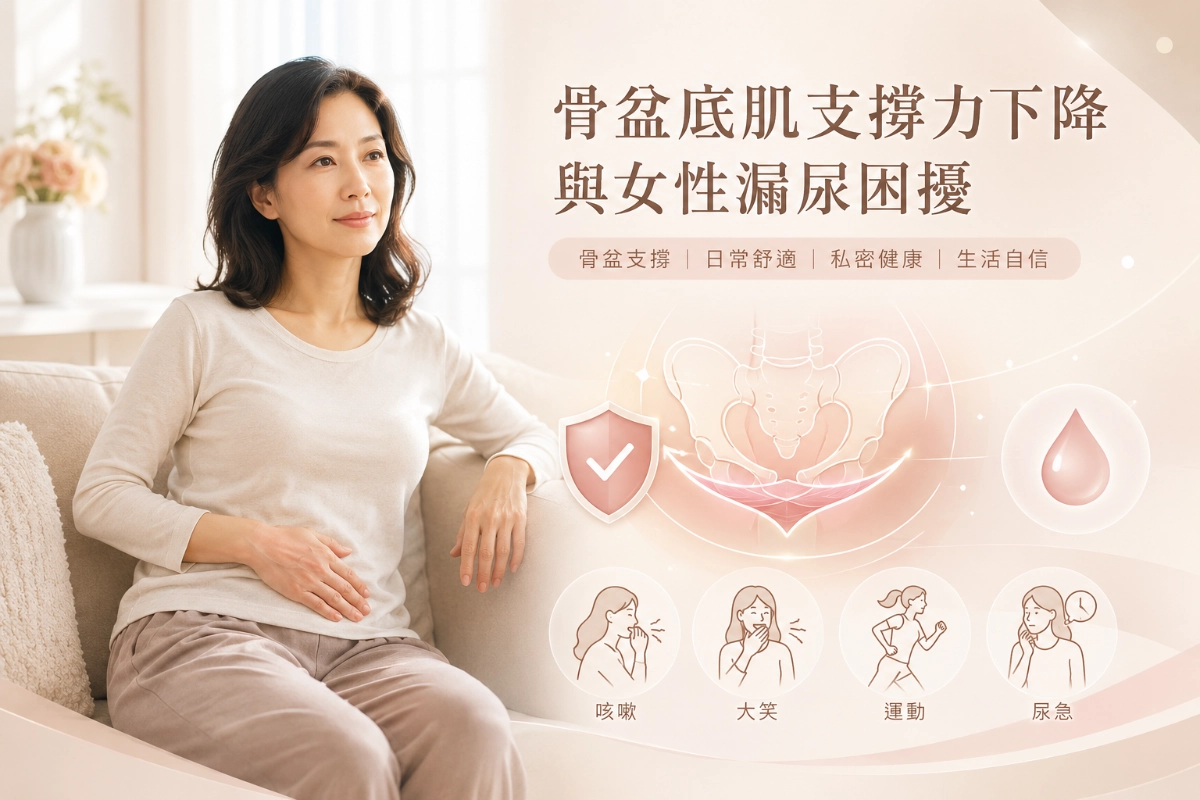 骨盆底肌支撐力下降與漏尿困擾：坐在沙發的女性，旁列咳嗽、大笑、運動、尿急情境