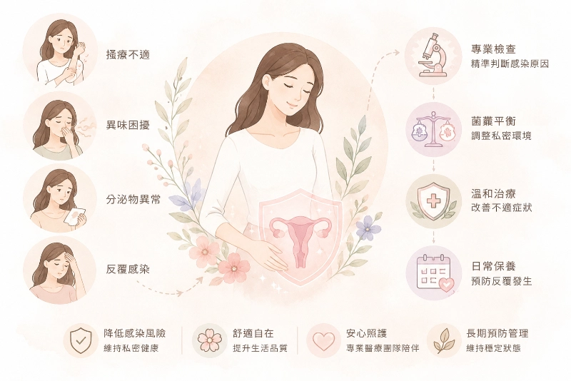 私密健康照護示意圖：搔癢、異味、分泌物異常與反覆感染等常見困擾，以及檢查、菌叢平衡、治療與日常保養