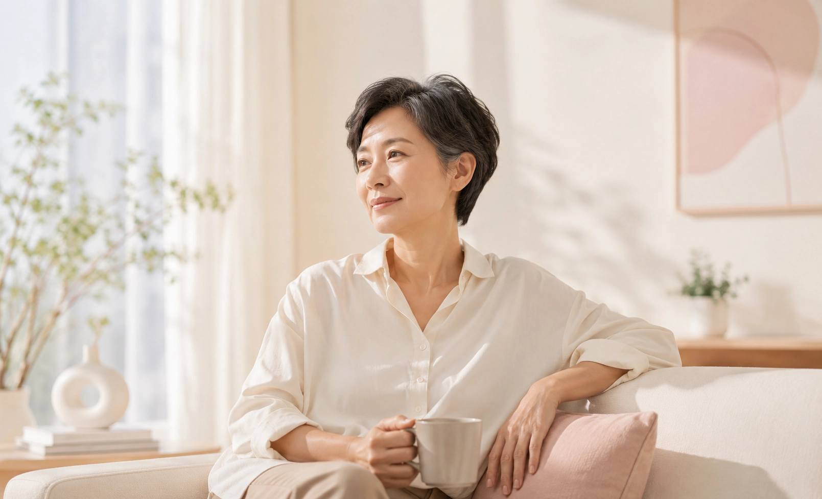 更年期症狀調理 3 熟齡女性在家中窗邊休息,手拿馬克杯
