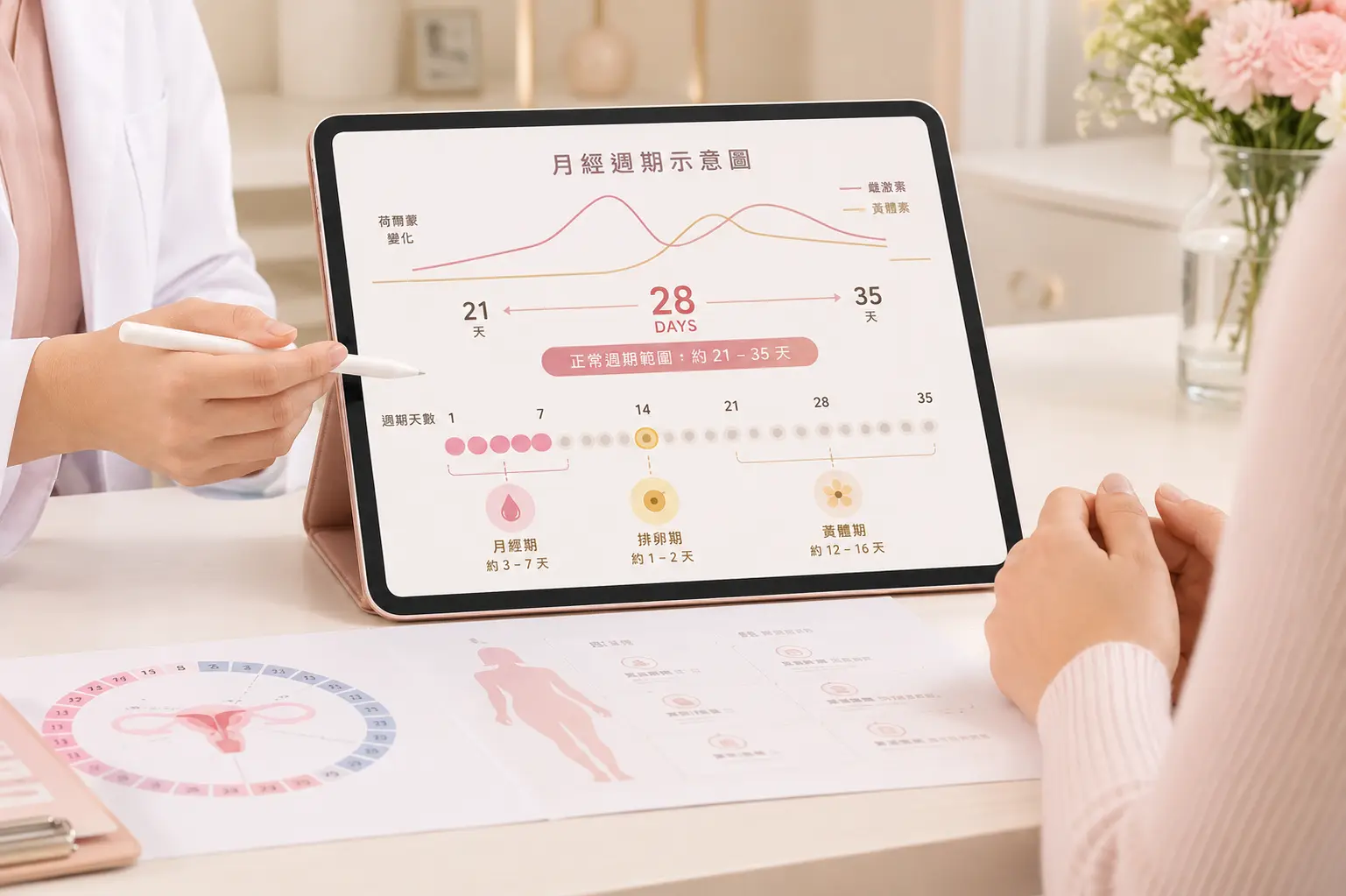 月經異常與調經 3 醫師以平板說明月經週期示意圖與正常週期天數