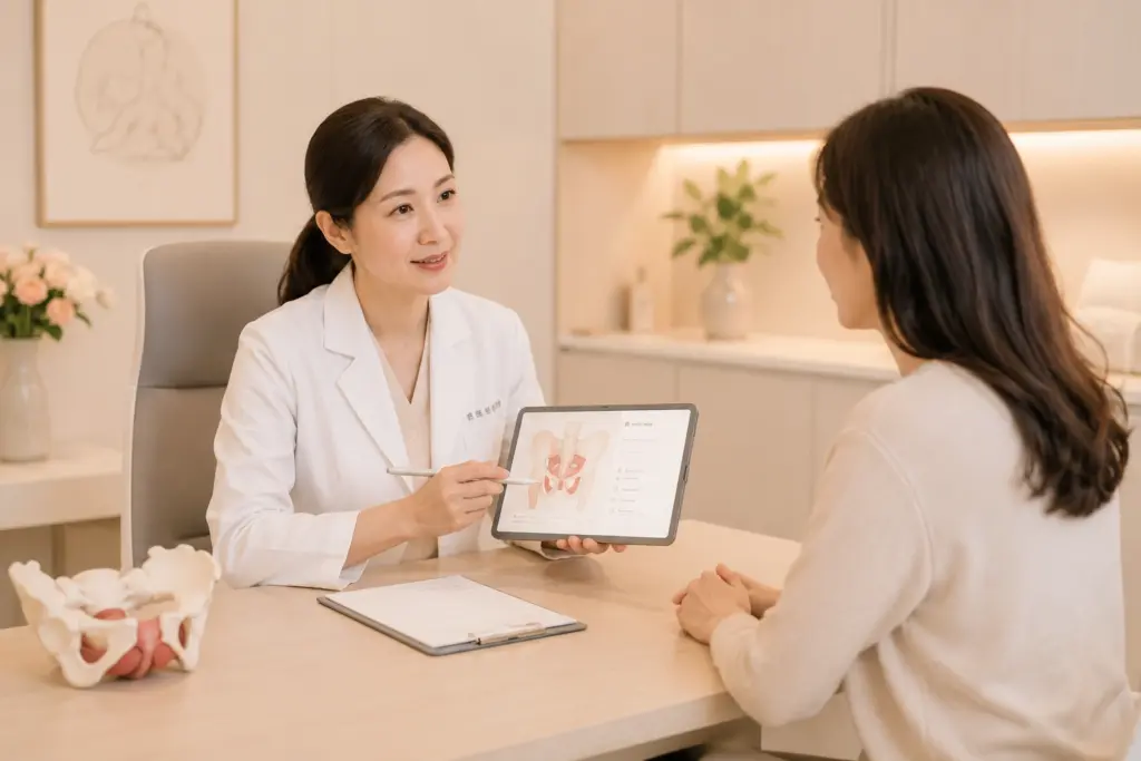 醫師以骨盆模型與平板向女性說明漏尿評估