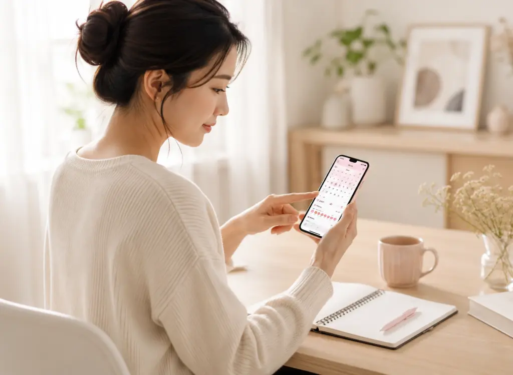 女性在家中以手機記錄月經週期