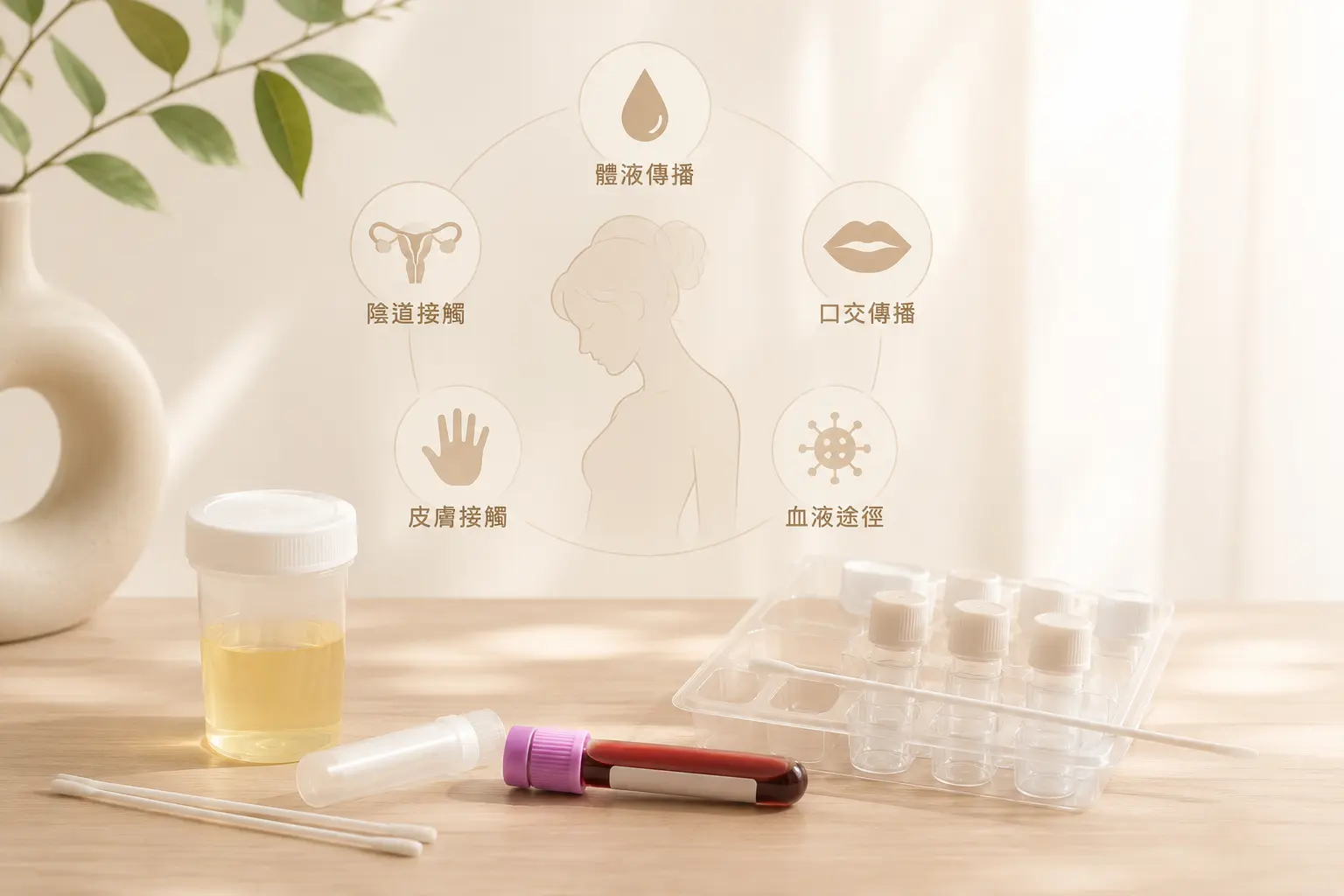 免抽血性傳染疾病篩檢 3 性傳染病傳播途徑示意與採檢器材:陰道接觸、體液、口交、皮膚接觸與血液途徑