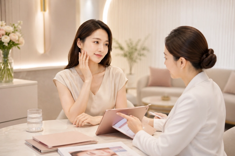 科技美膚管理 1 女性手輕觸臉頰,盤髮醫師用手指著平板說明