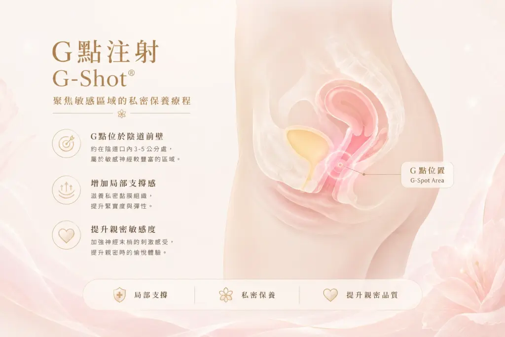 G-Shot 私密注射部位示意圖，骨盆側面剖視標示 G 點位置