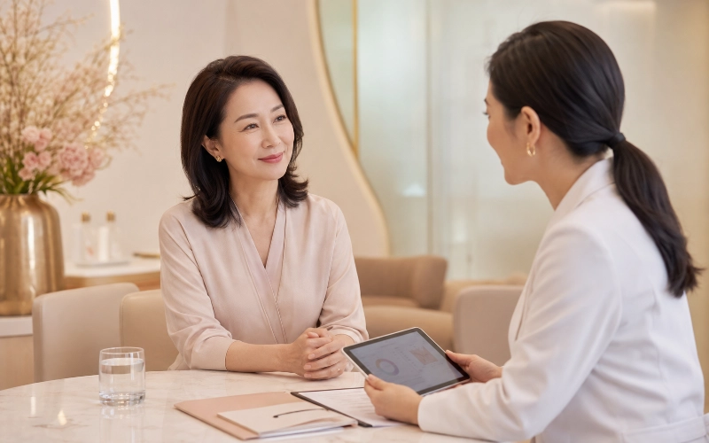 熟齡女性穿粉色上衣雙手交握，與手持平板的醫師交談