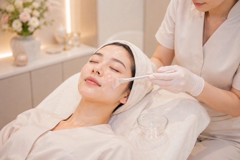 科技美膚管理 3 女性戴髮帶躺在診療床,戴手套的人員用刷具在臉上塗液體