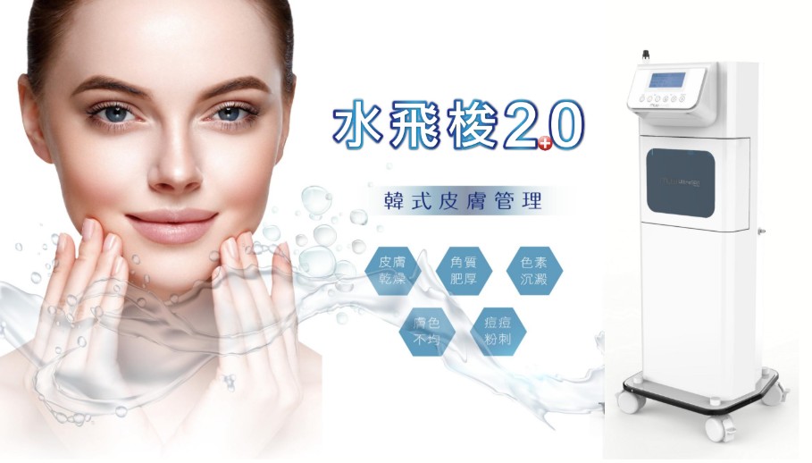 水飛梭 3 水飛梭 2.0 儀器與雙手捧臉女性,標示皮膚乾燥等五種膚況
