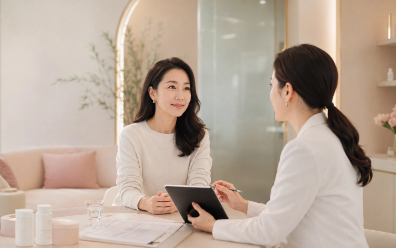 女性與白袍醫師對坐討論，桌上擺著保健品罐與文件