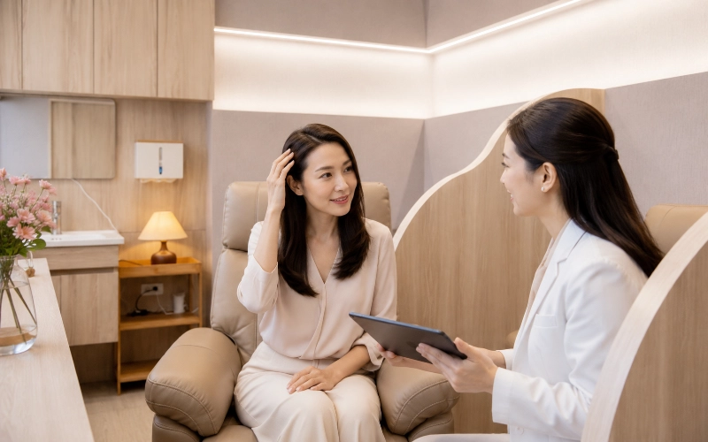 女性坐在躺椅撥弄頭髮，白袍醫師手持平板與她交談