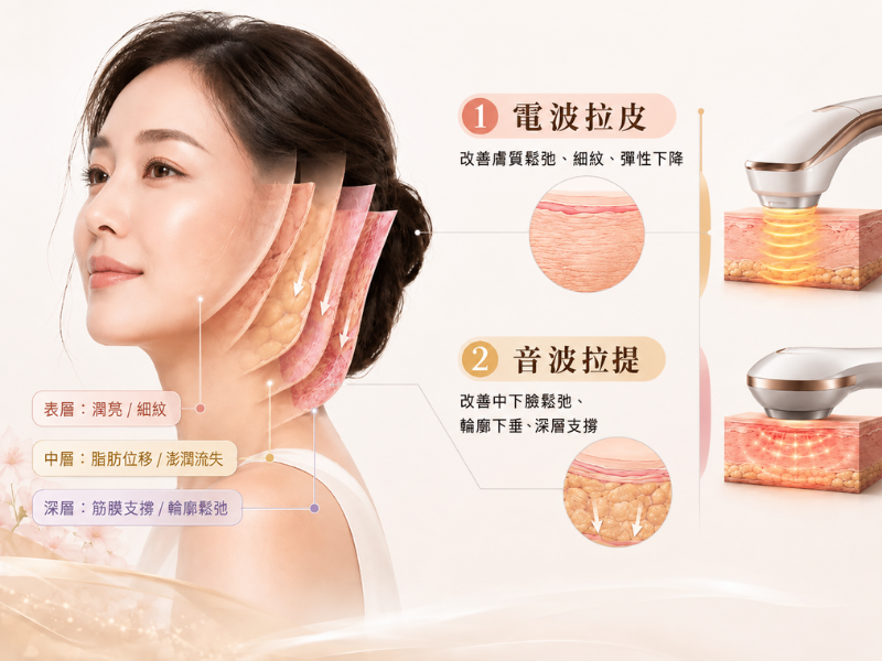 音波拉提 3 電波拉皮與音波拉提比較圖,女性側臉標示皮膚表層到深層